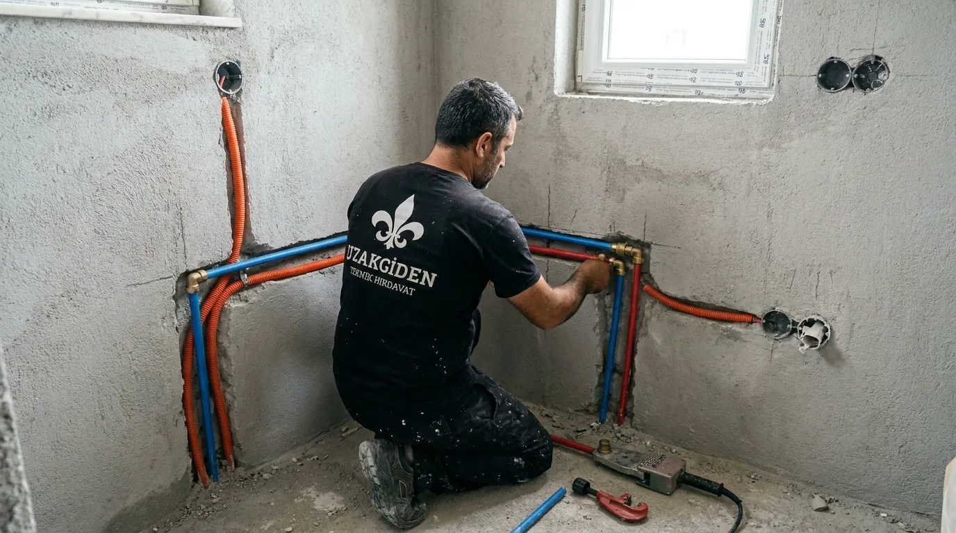 Banyo tadilatında yenilenen su tesisatı borularını döşeyen usta