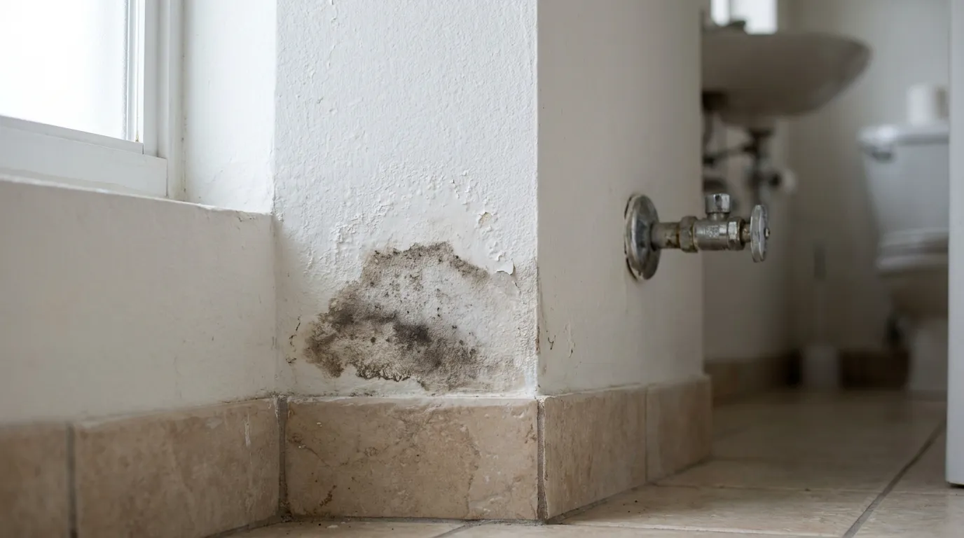 Banyo duvarının dibinde su kaçağından oluşan nem lekesi